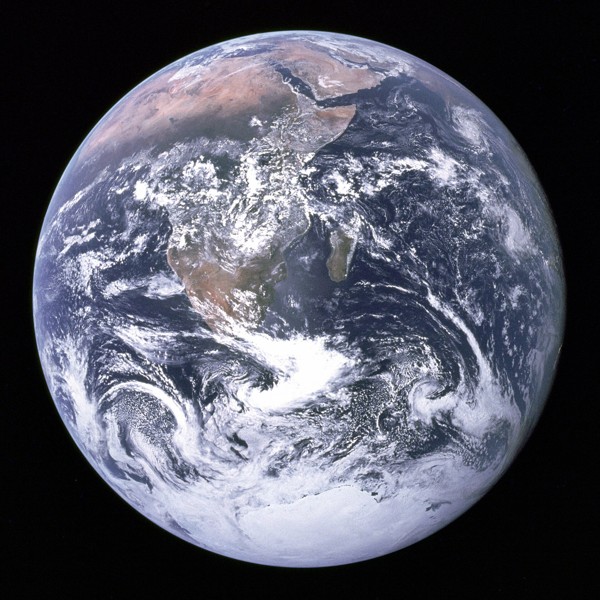 The fully illuminated Earth photographed from space, showing Africa, Antarctica and the Arabian peninsula