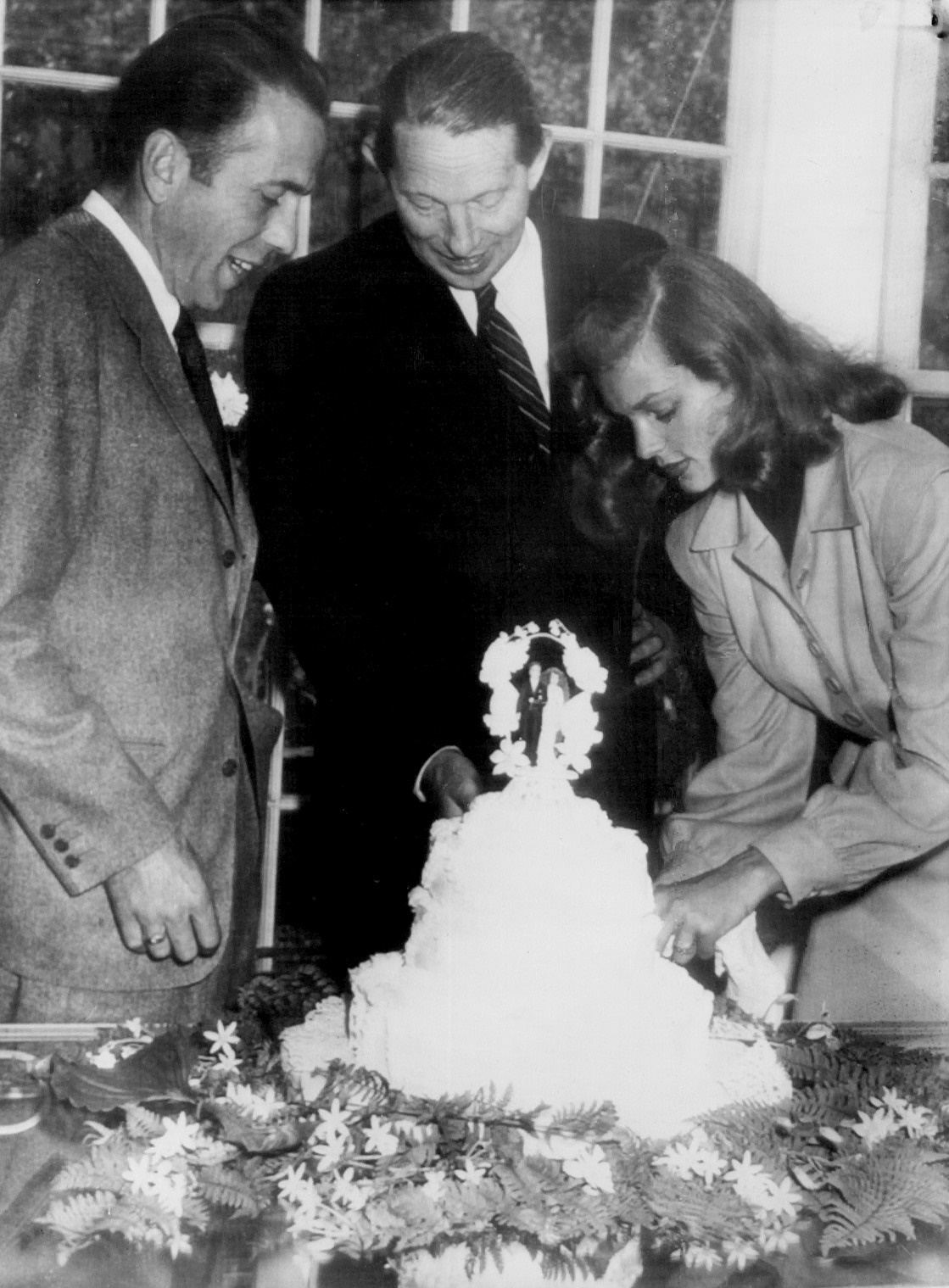 Humphrey Bogart and Lauren Bacall photographed on their wedding day in May 1945
