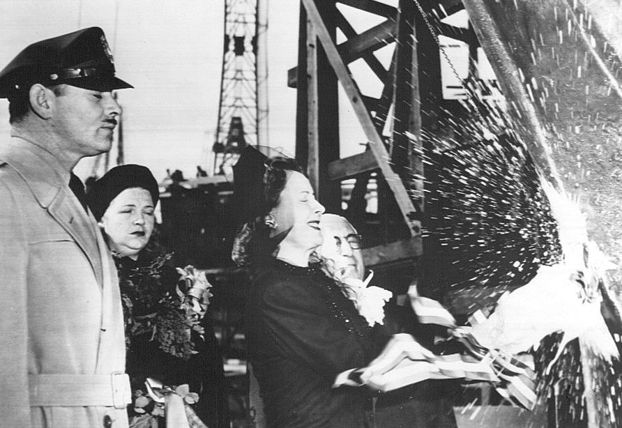 The christening of the Liberty ship SS Carole Lombard in January 1944, with Irene Dunne at the bow