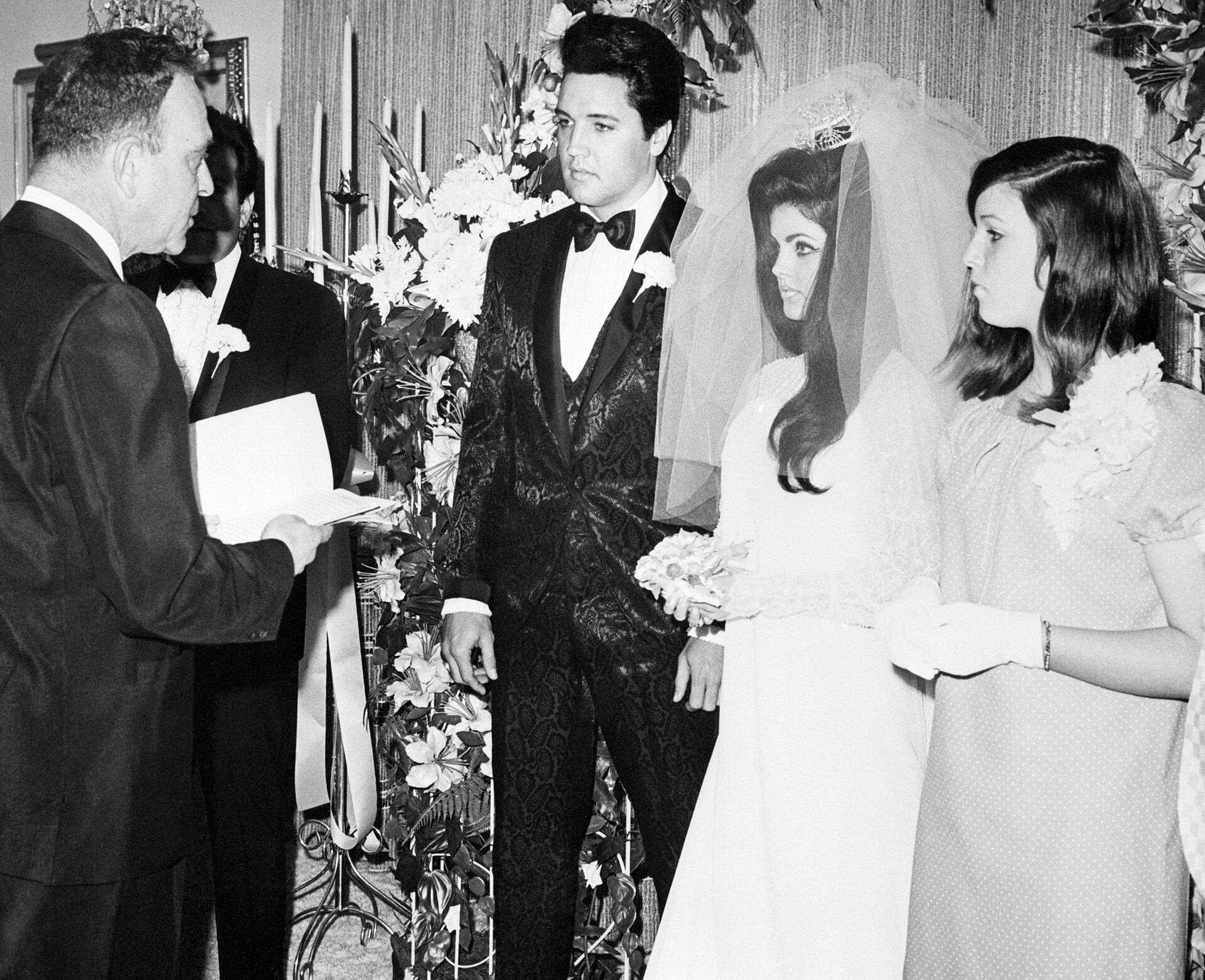 Elvis and Priscilla Presley photographed on their wedding day in Las Vegas in May 1967