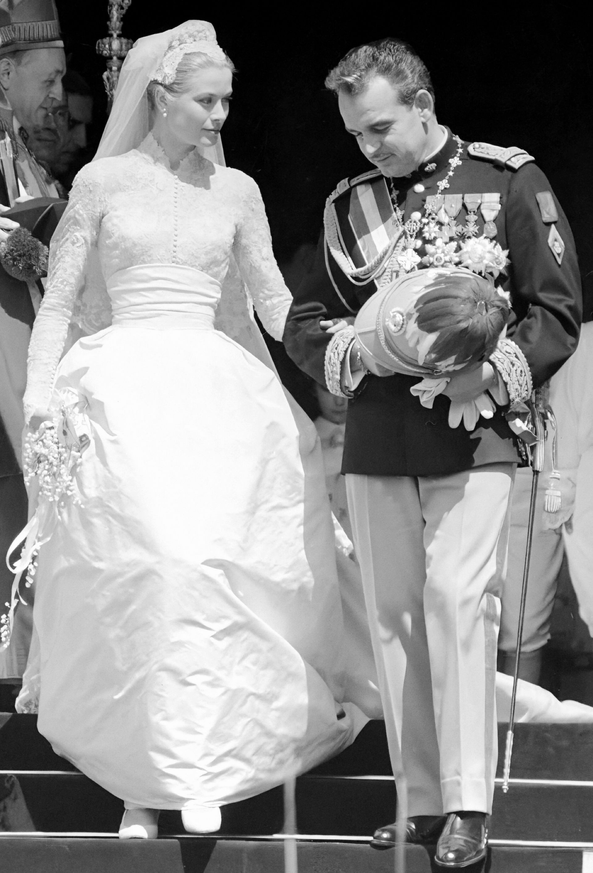 Grace Kelly and Prince Rainier III of Monaco photographed on their wedding day in April 1956