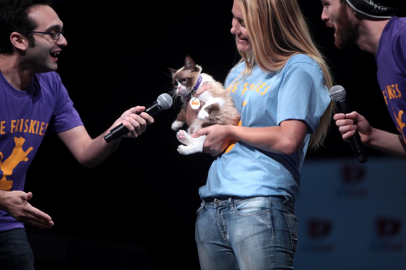 Grumpy Cat lying on a table at a fan convention in June 2014