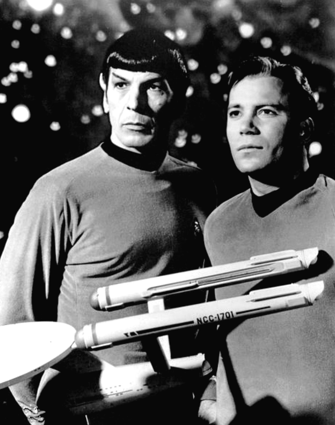 Leonard Nimoy and William Shatner in costume as Spock and Captain Kirk in a 1968 NBC publicity photograph